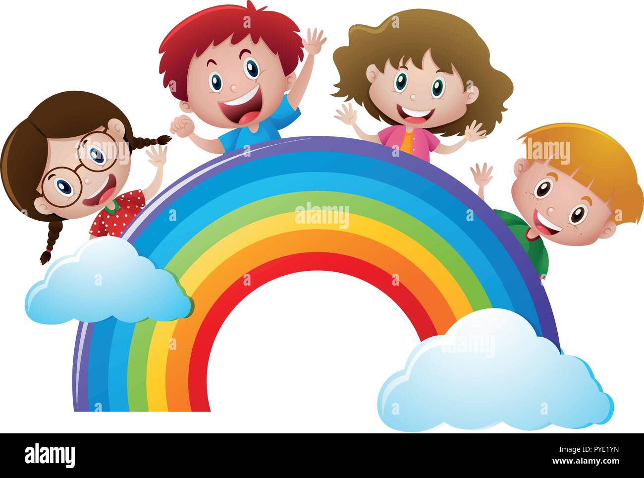 Four kids over the rainbow illustration Stock Vector Image & Art - Alamy