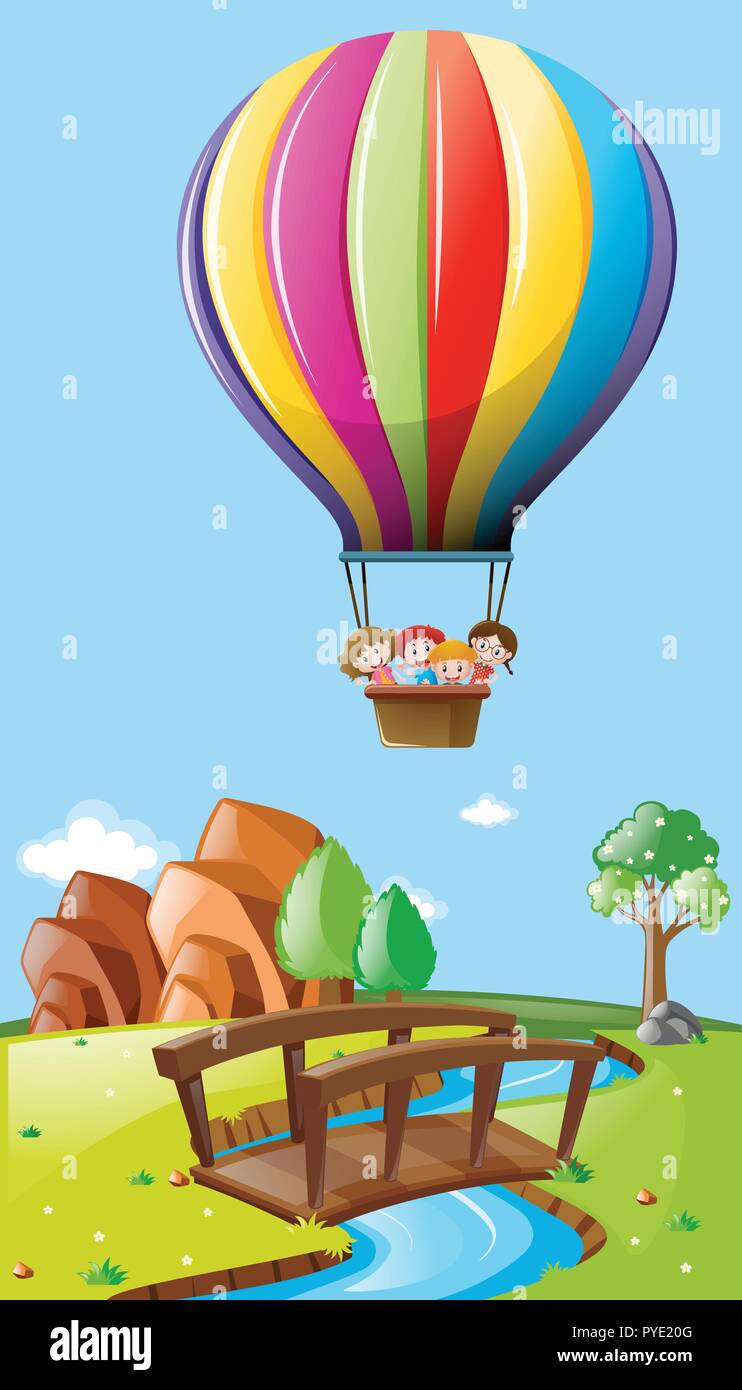 Kids riding balloon over the field illustration Stock Vector Image ...