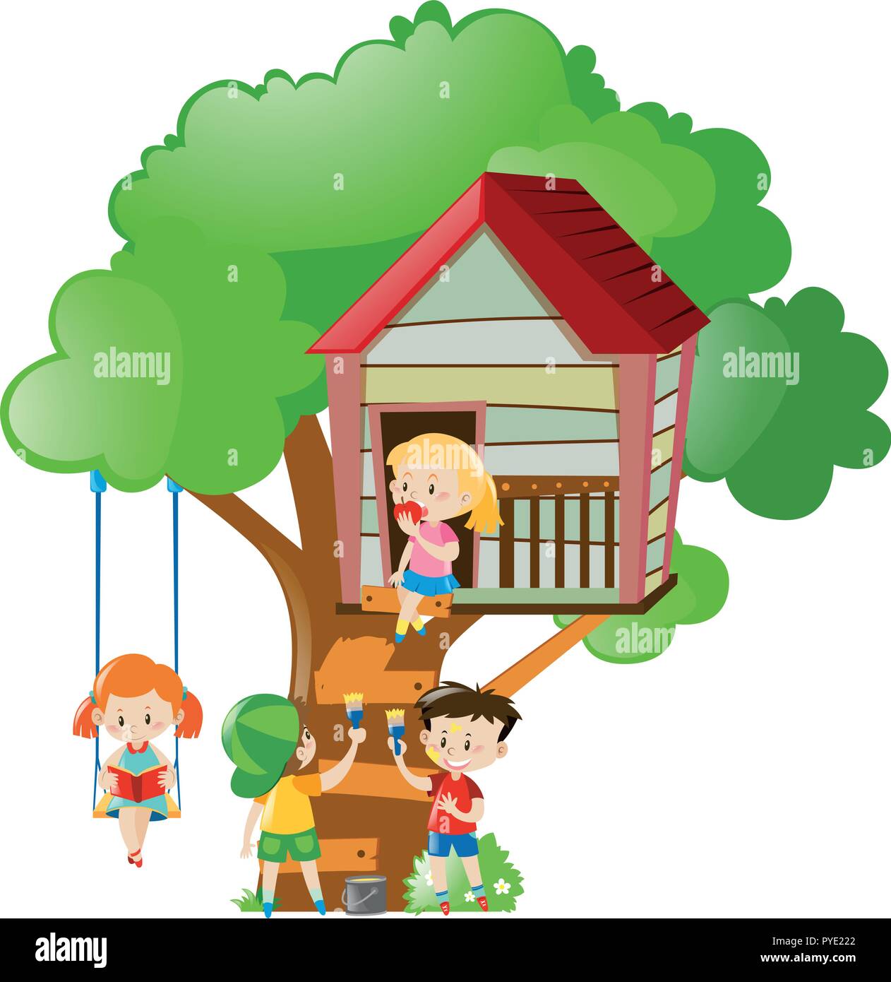 Children playing and painting treehouse illustration Stock Vector Image ...