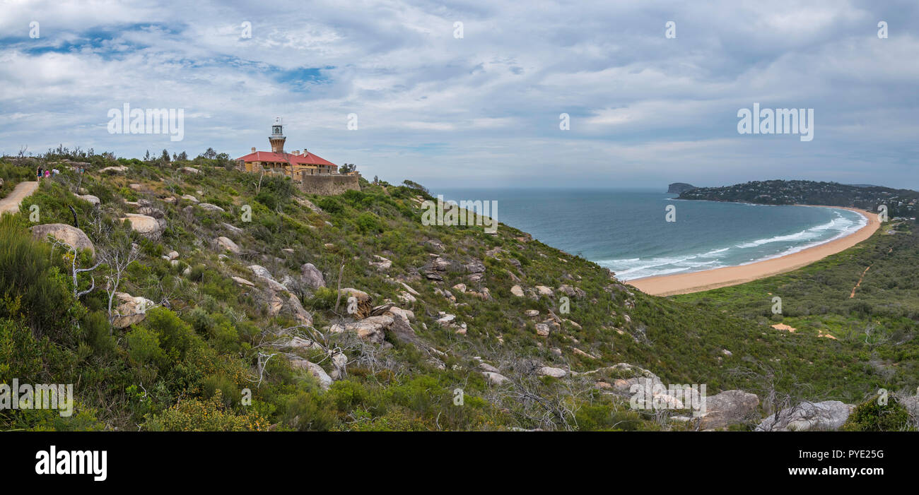 The 1881 historic Barrenjoey Head Lighthouse at the northern end of Palm Beach and Pittwater in Sydney Australia. Panoramic Stock Photo