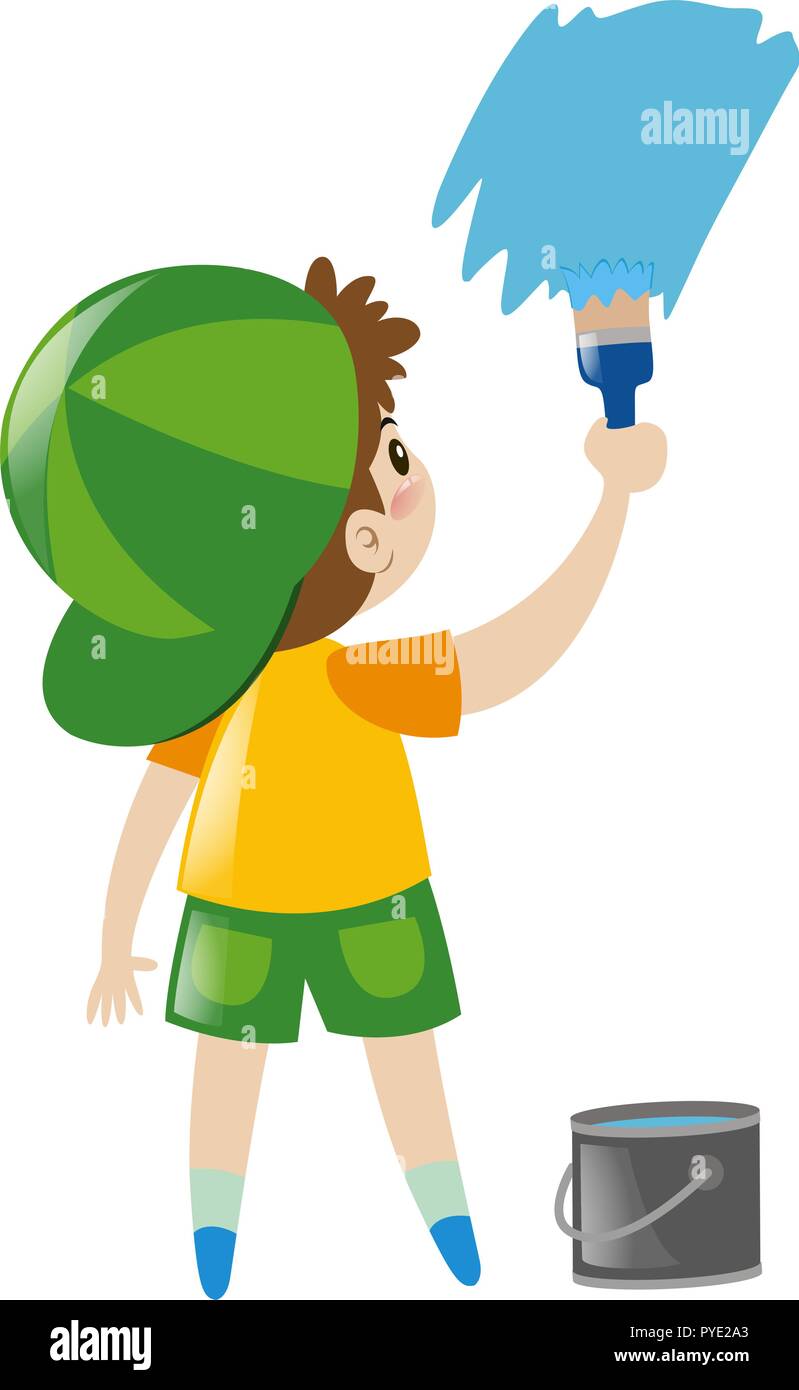 Boy in green hat painting wall with blue illustration Stock Vector Image &  Art - Alamy
