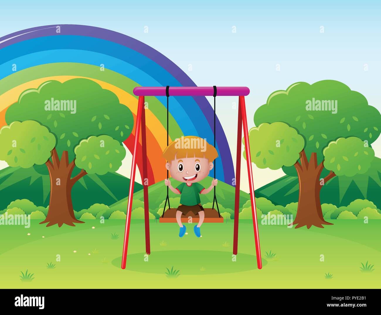 Little boy playing on the swing in the park illustration Stock Vector ...