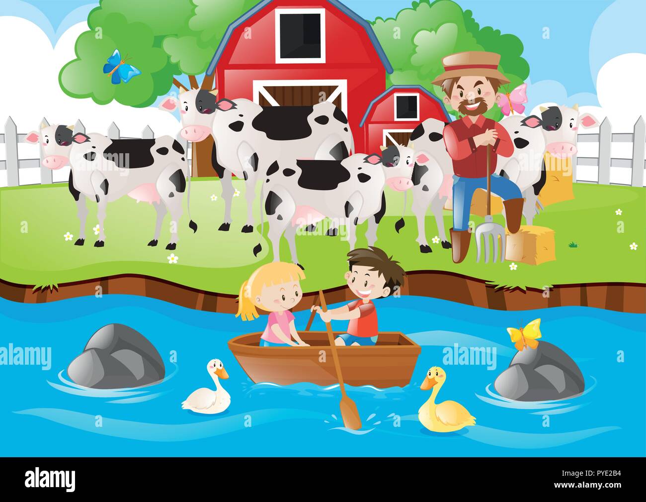 Farmer and cows in the farm illustration Stock Vector Image & Art - Alamy