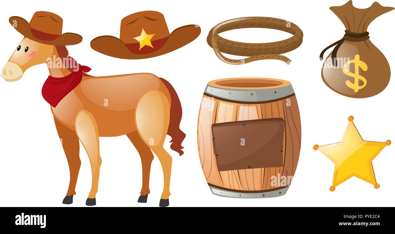 Western cowboy set with horse and elements illustration Stock Vector