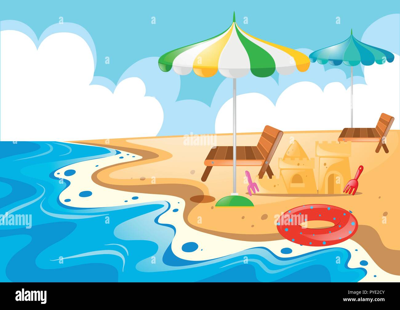 Beach scene with chairs and umbrellas illustration Stock Vector Image ...