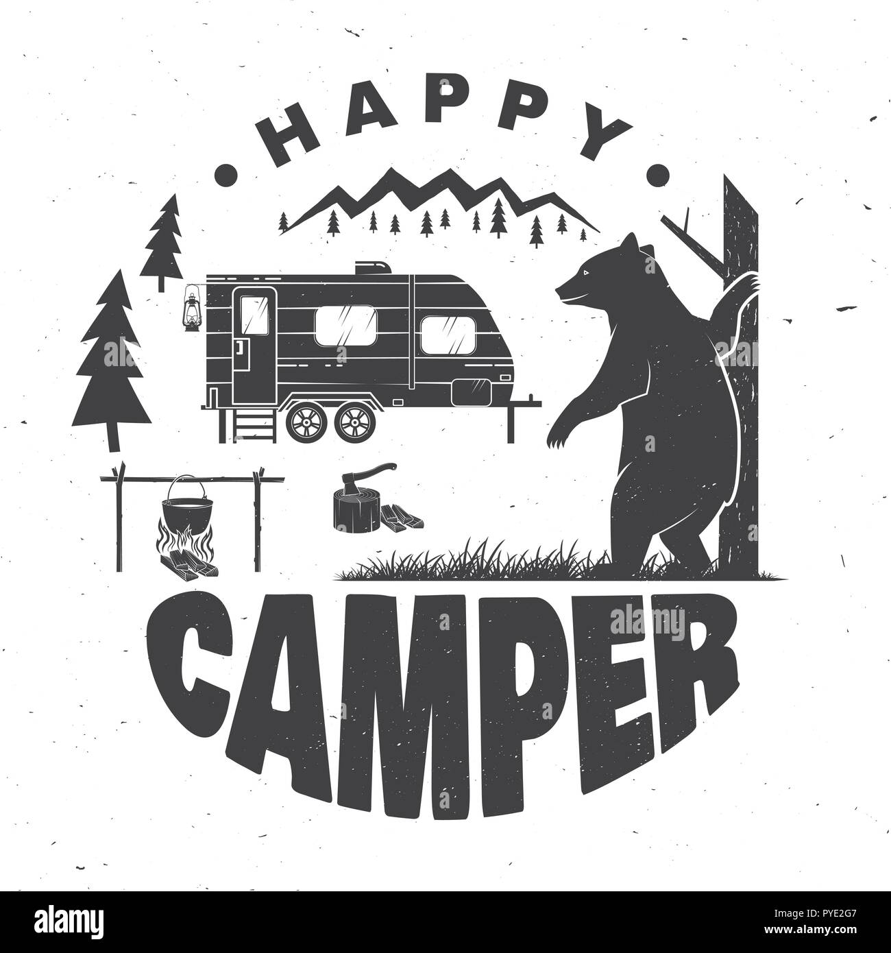 Happy camper. Vector illustration. Concept for shirt or logo, print, stamp or tee. Vintage typography design with camping trailer, bear, campfire and forest silhouette. Stock Vector