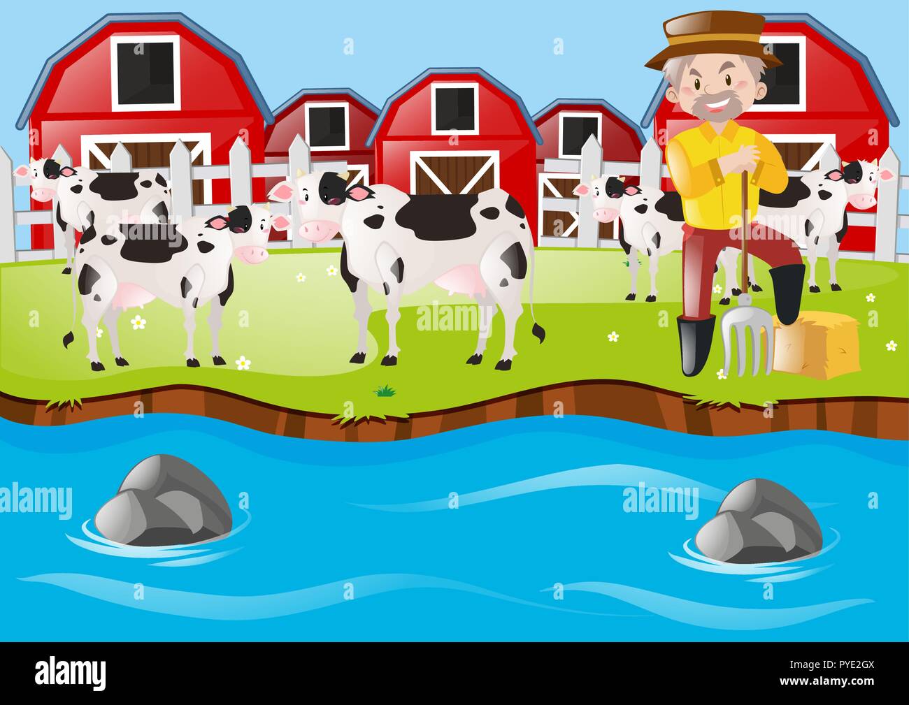 Farmer and cows on the farmyard illustration Stock Vector Image & Art ...