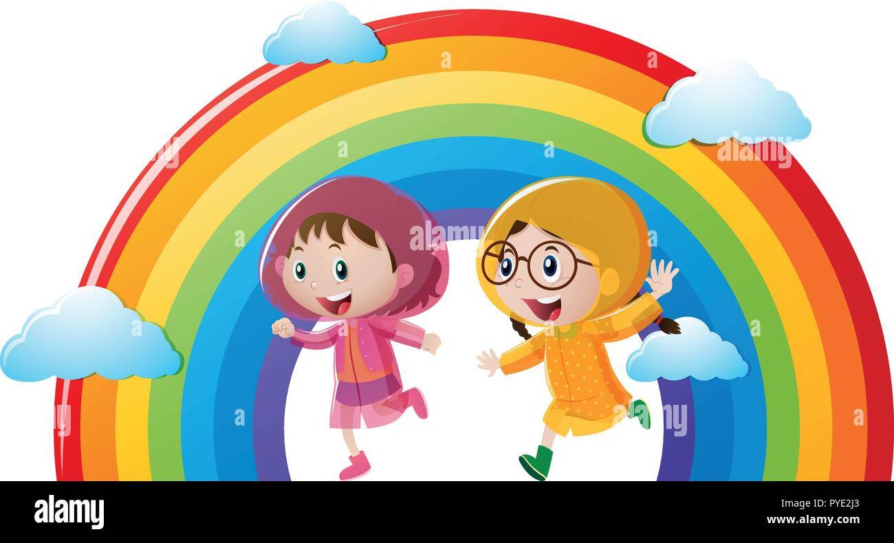Two girls in raincoat running with rainbow in background illustration