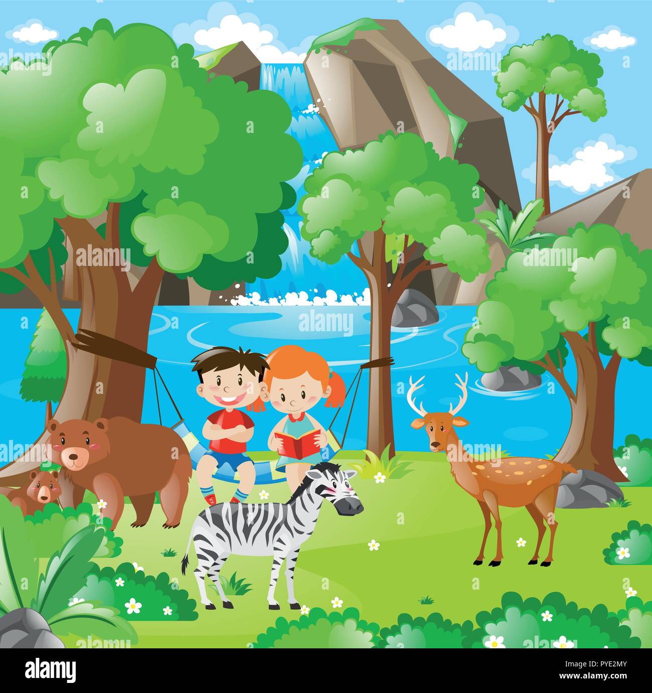 Farm scene with kids and animals illustration Stock Vector Image & Art ...