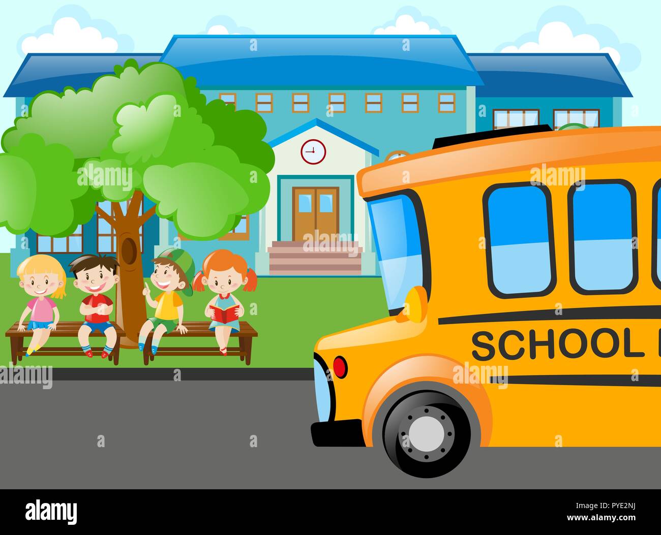 Kids waiting for school bus illustration Stock Vector Image & Art - Alamy