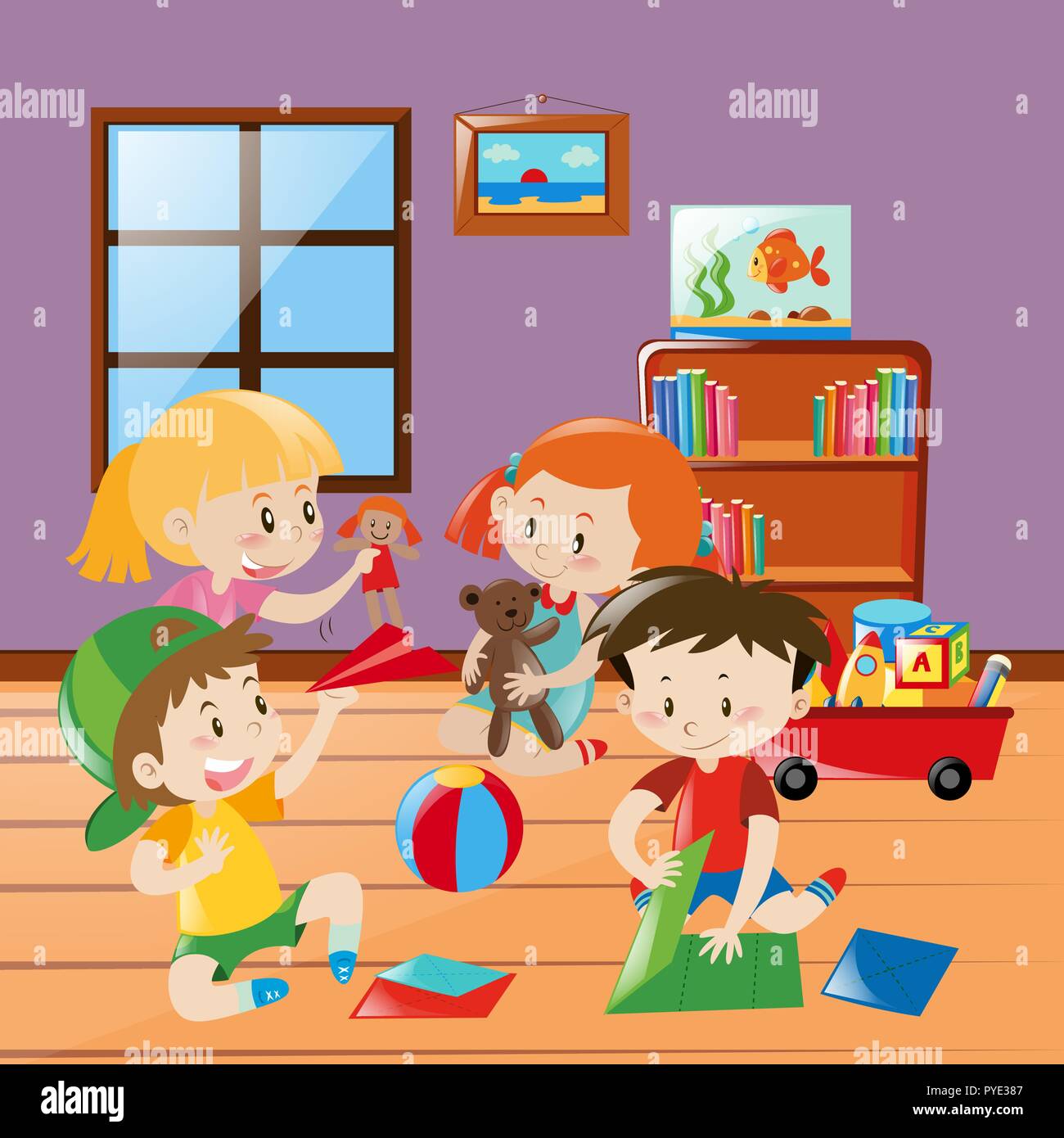 Many kids folding paper craft in the room illustration Stock Vector ...