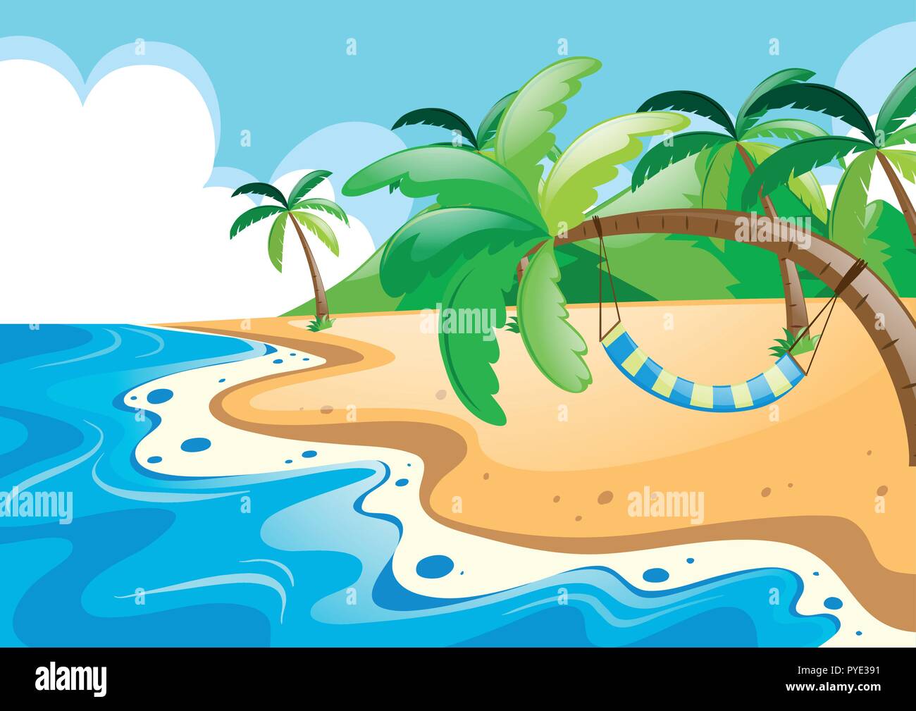 Ocean view with hammock on coconut tree illustration Stock Vector