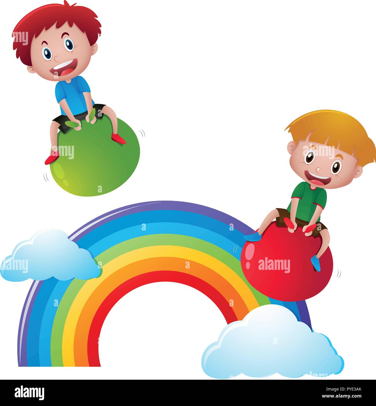 Two boys on balls over the rainbow illustration Stock Vector Image ...
