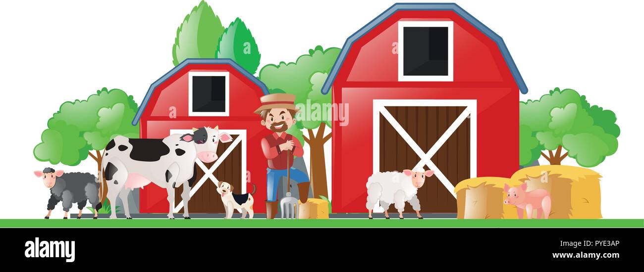 Farm scene with farmer and many animals illustration Stock Vector Image ...