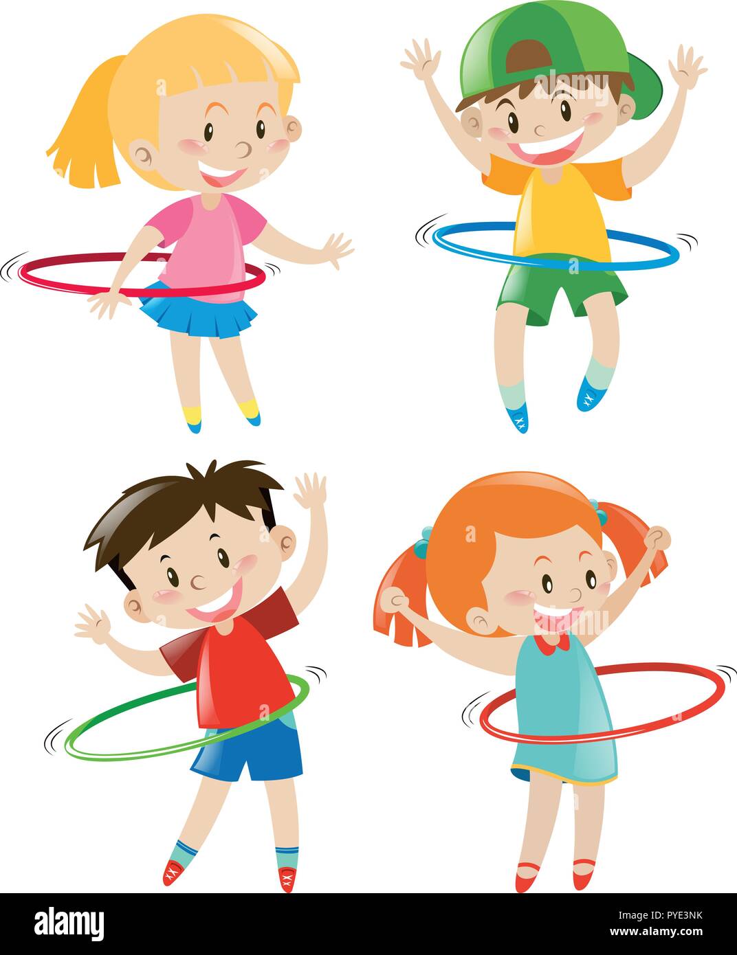 Children playing hula hoops illustration Stock Vector