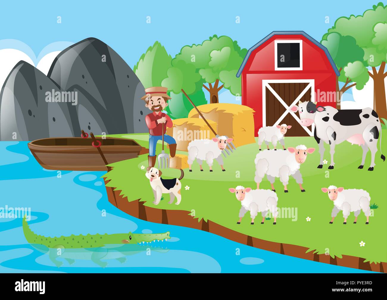 Farmer and animals in the farm illustration Stock Vector Image & Art ...