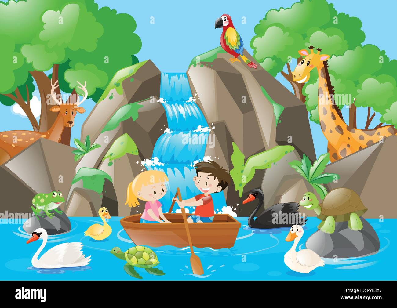 Kids rowing boat in the river full of animals illustration Stock Vector ...