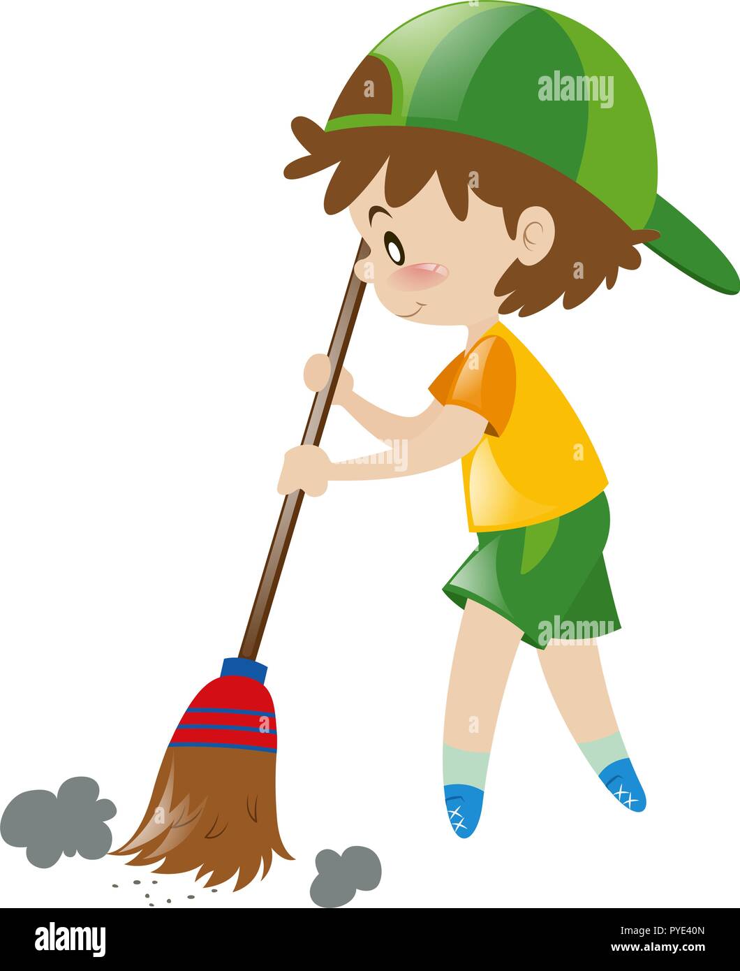 Boy sweeping floor with broom illustration Stock Vector
