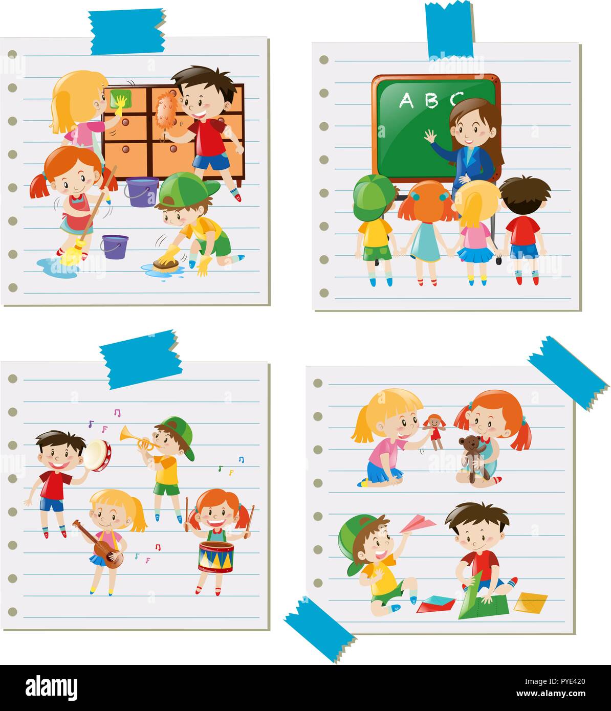 Children doing different activities together illustration Stock Vector