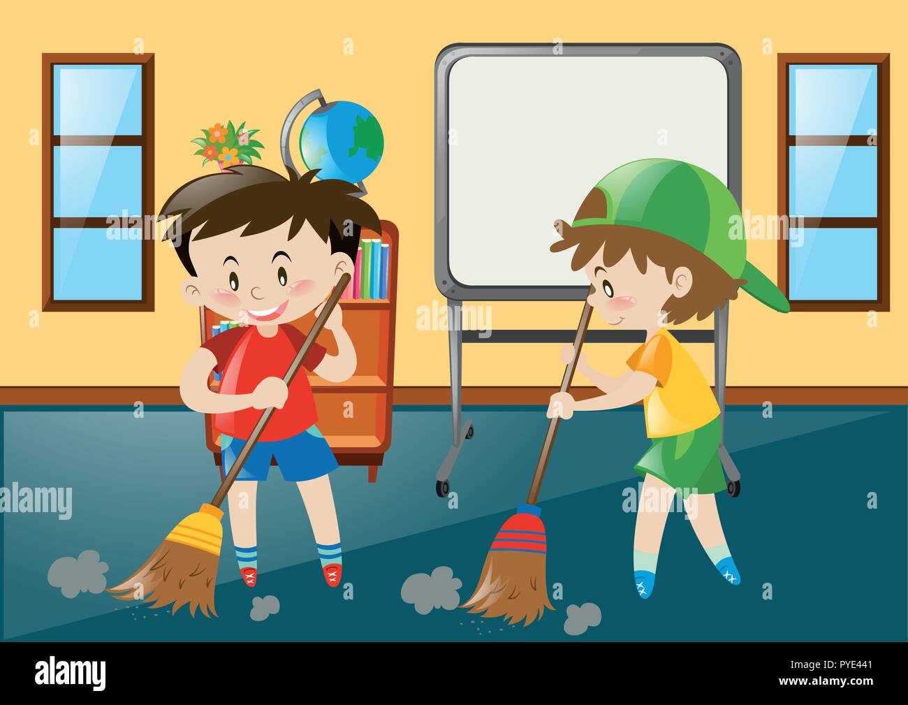 Two boys sweeping classroom floor illustration Stock Vector