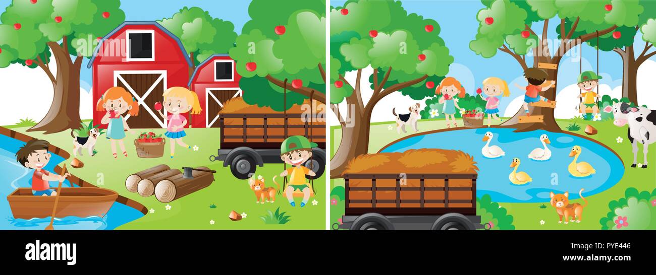 Two farm scenes with kids and animals illustration Stock Vector Image ...