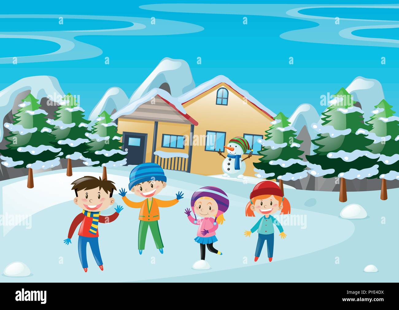 Winter scene with children standing in front of the house illustration Stock Vector