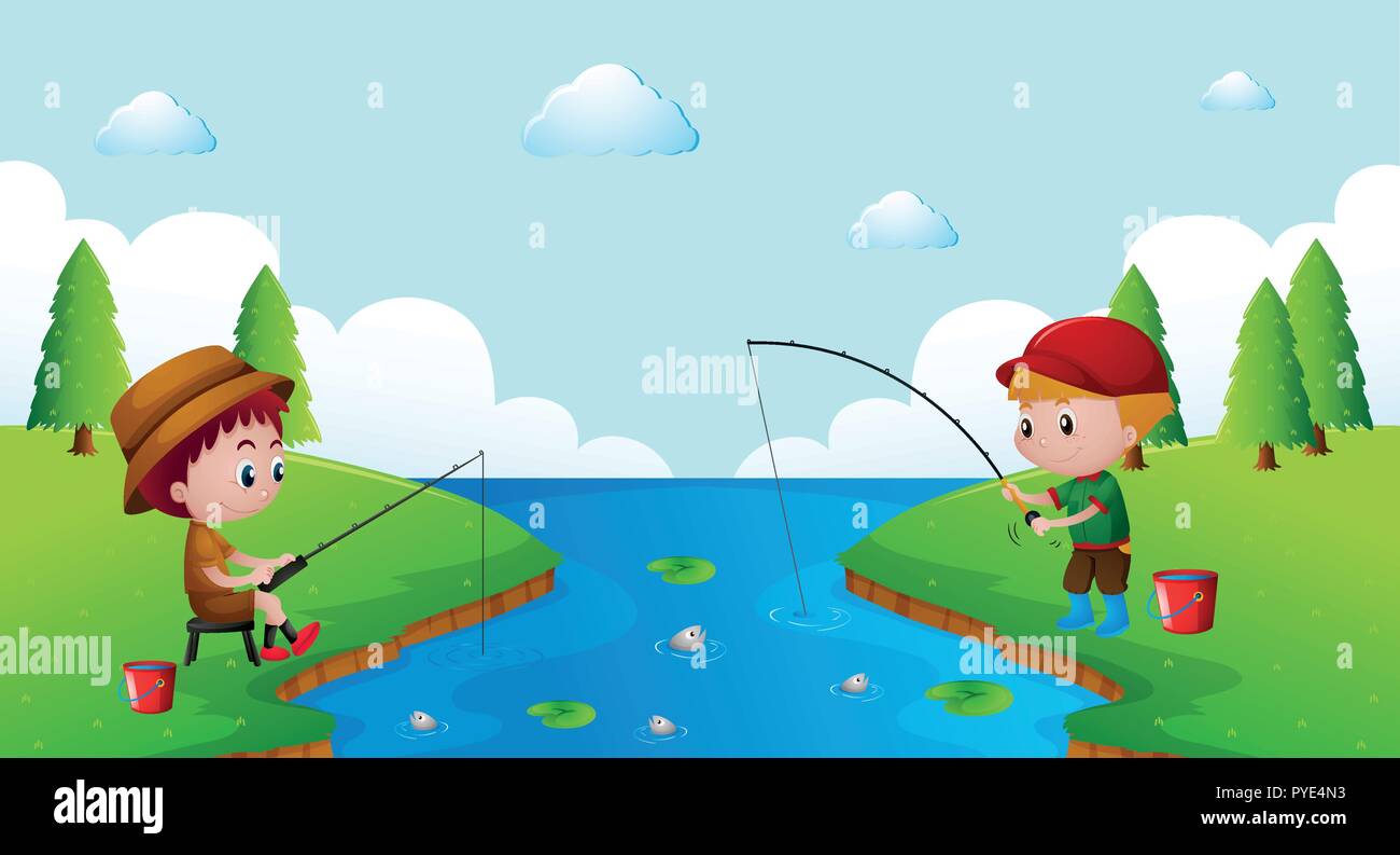 Two boys fishing in the river illustration Stock Vector Image & Art - Alamy
