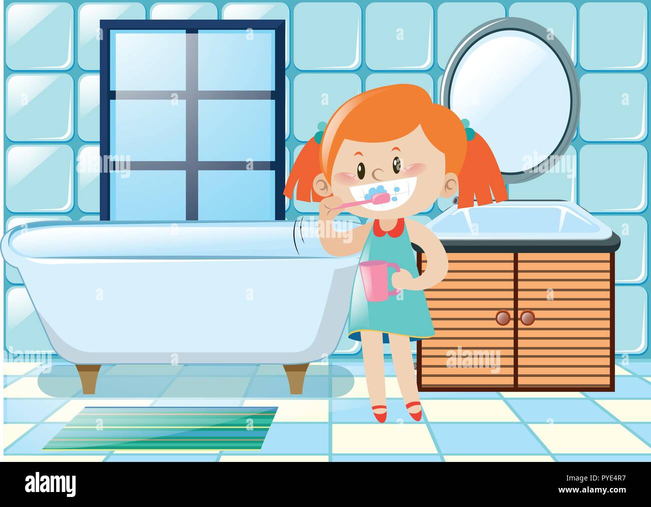 Girl brushing teeth in the bathroom illustration Stock Vector Image
