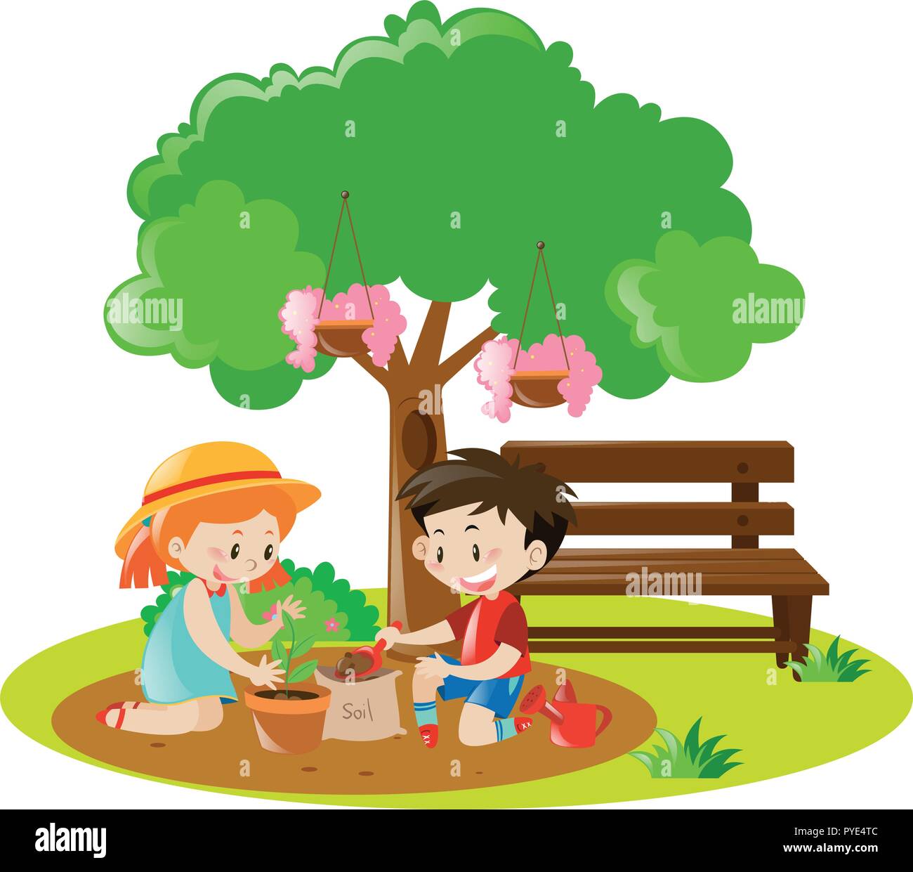 Boy and girl planting tree in garden illustration Stock Vector Image