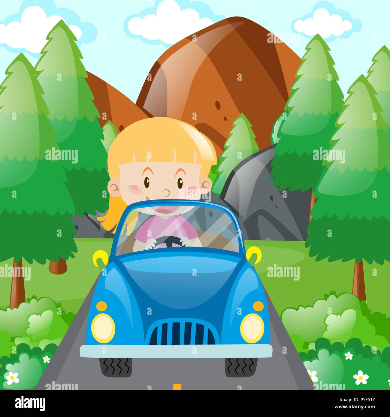 Little girl driving in blue car illustration Stock Vector Image & Art