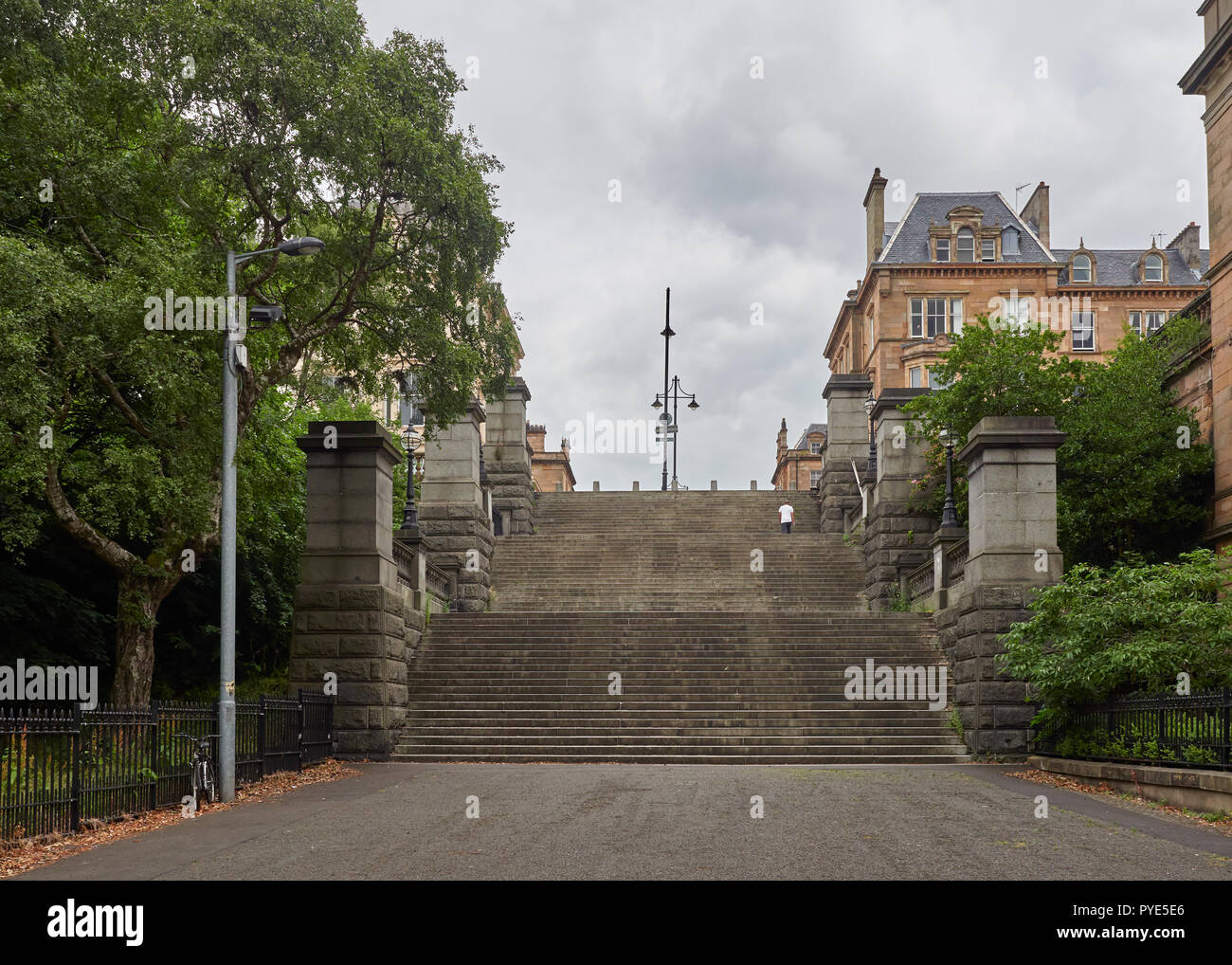 Looking up the grand steps at the top of Kelvingrove street, near Kelvingrove Park in the centre of Glasgow, Scotland, UK. Stock Photo
