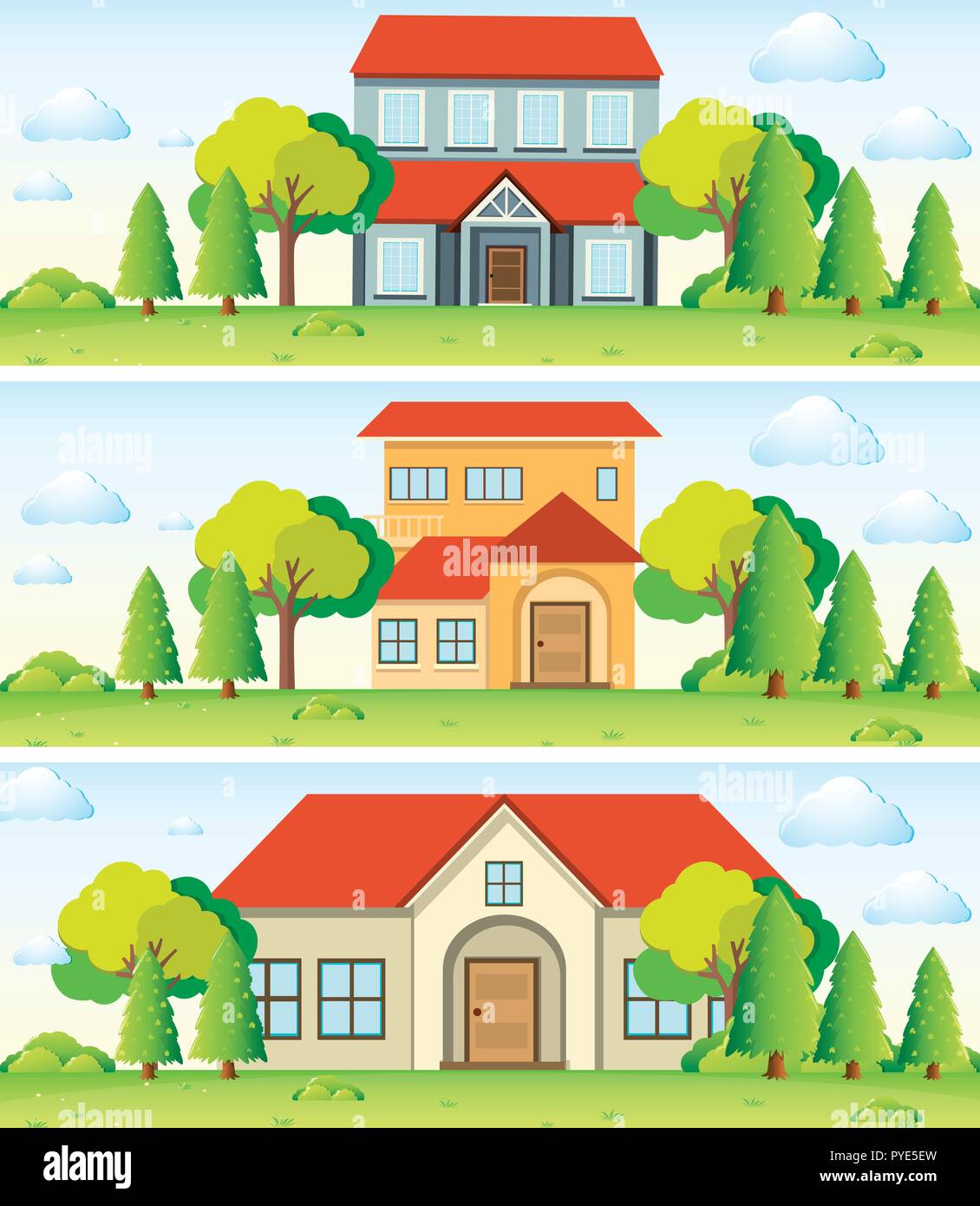 Three scenes with house in the field illustration Stock Vector Image ...