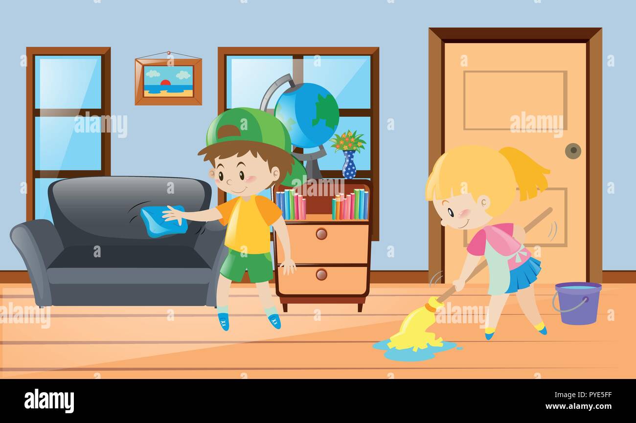Boy and girl cleaning the house illustration Stock Vector Image & Art ...