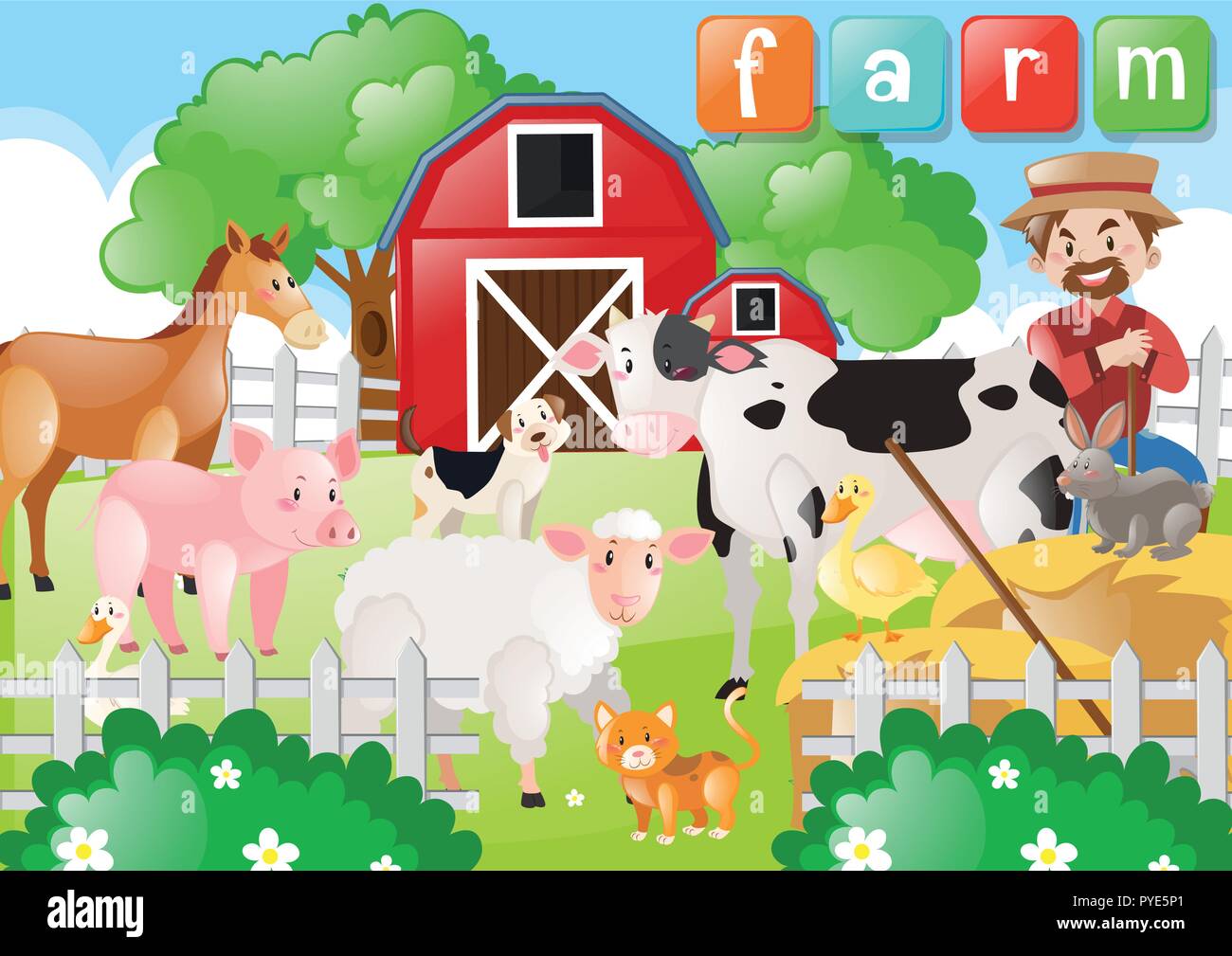 Farmer and farm animals on the farm illustration Stock Vector Image ...