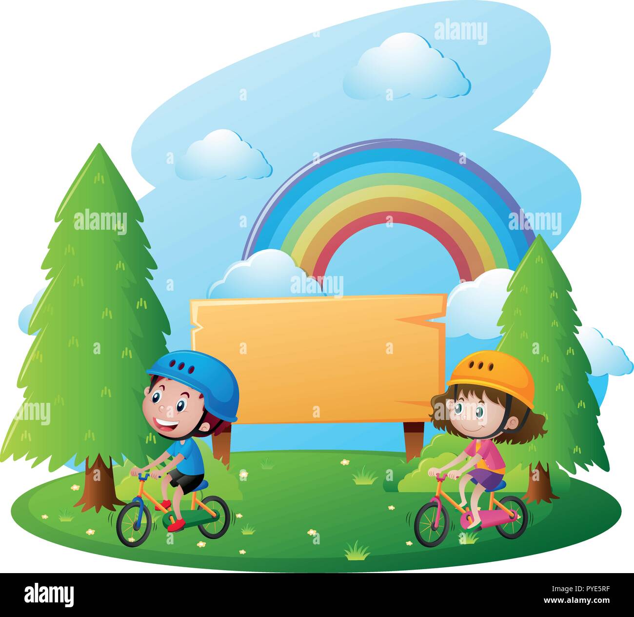 Sign template with two kids on bike illustration Stock Vector Image ...