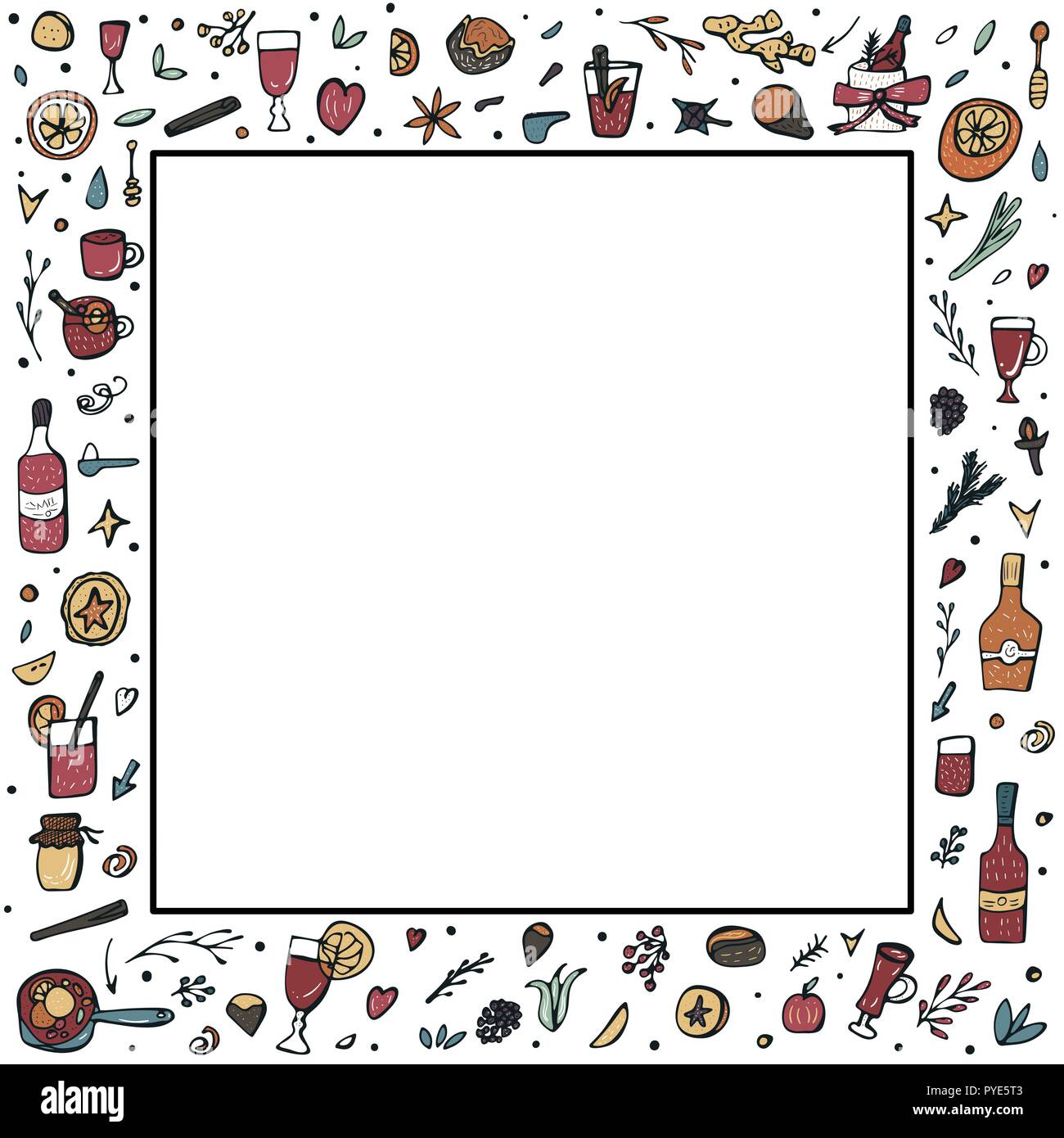 Vector frame of mulled wine elements and objects. Composition in doodle style. Stock Vector