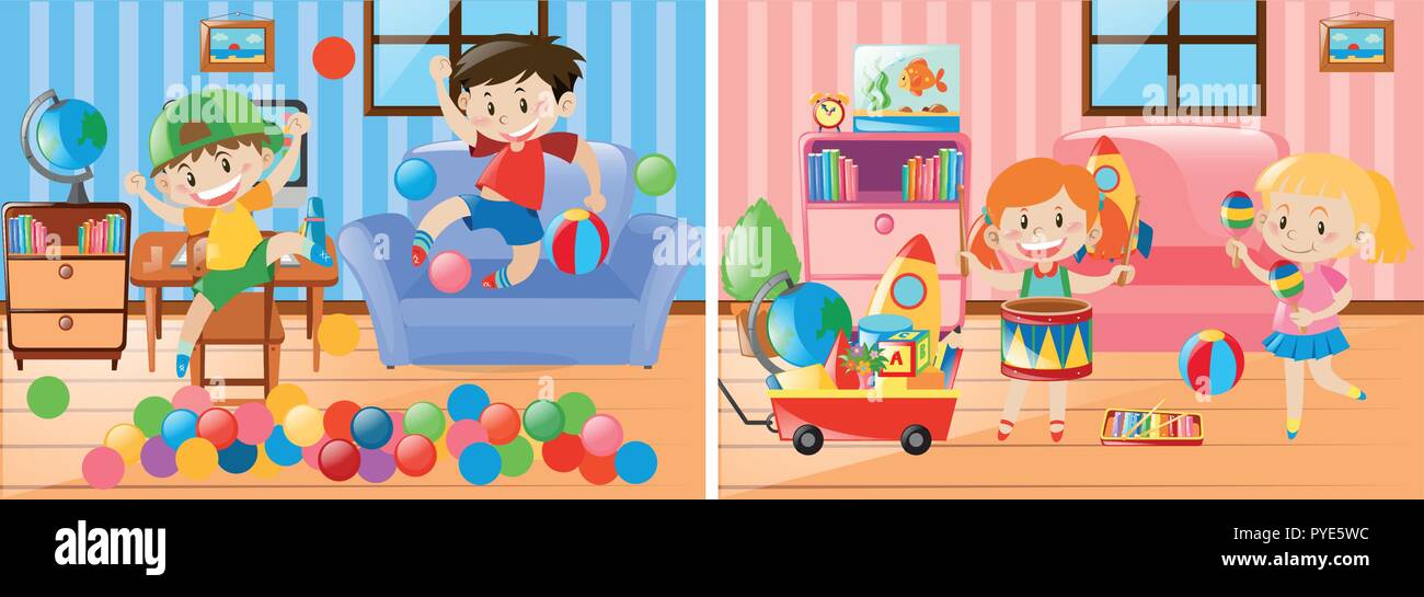 Two Scenes Of Kids Playing In The Living Room Illustration Stock Vector Image Art Alamy