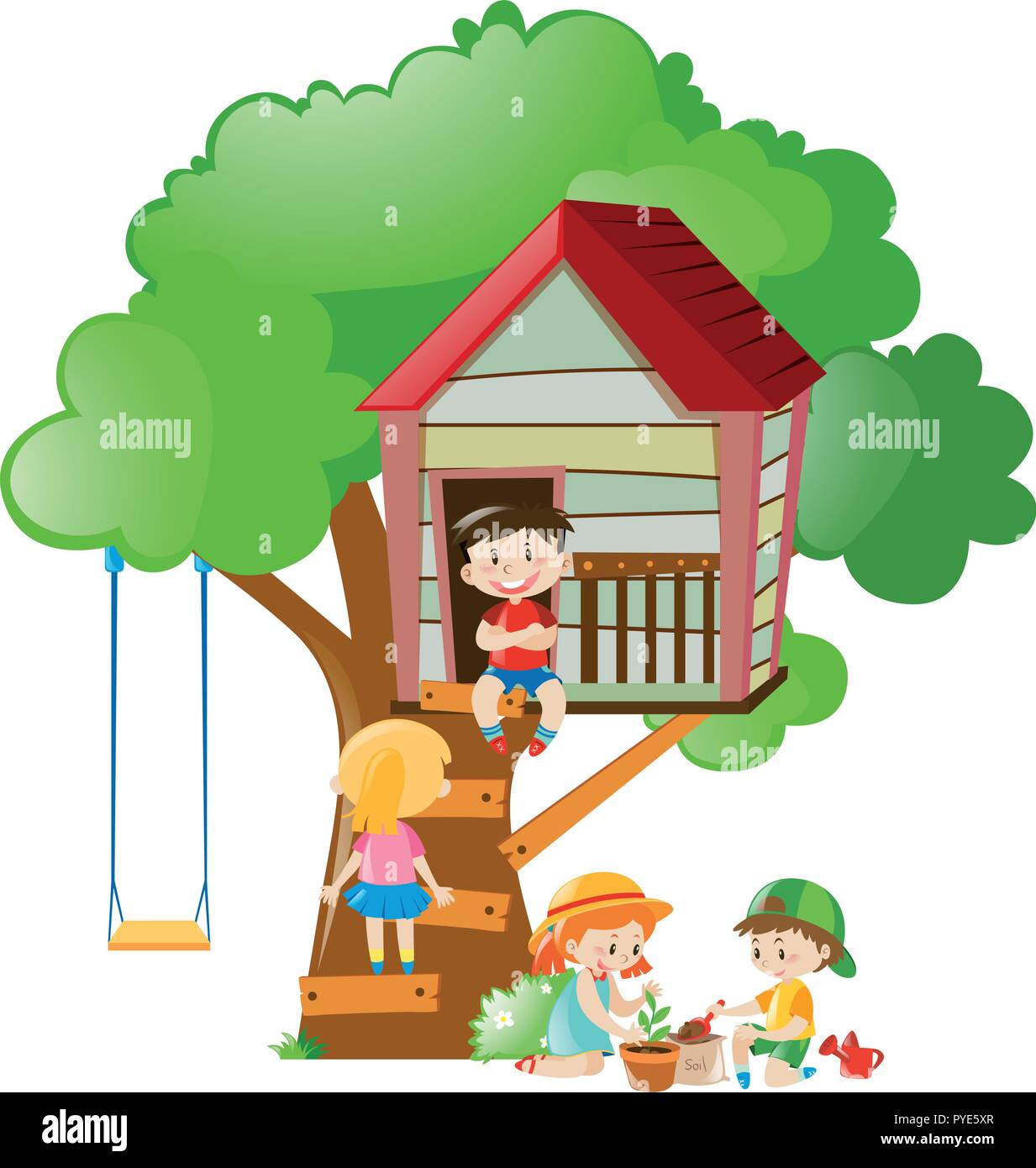 Children playing at the treehouse in garden illustration Stock Vector ...