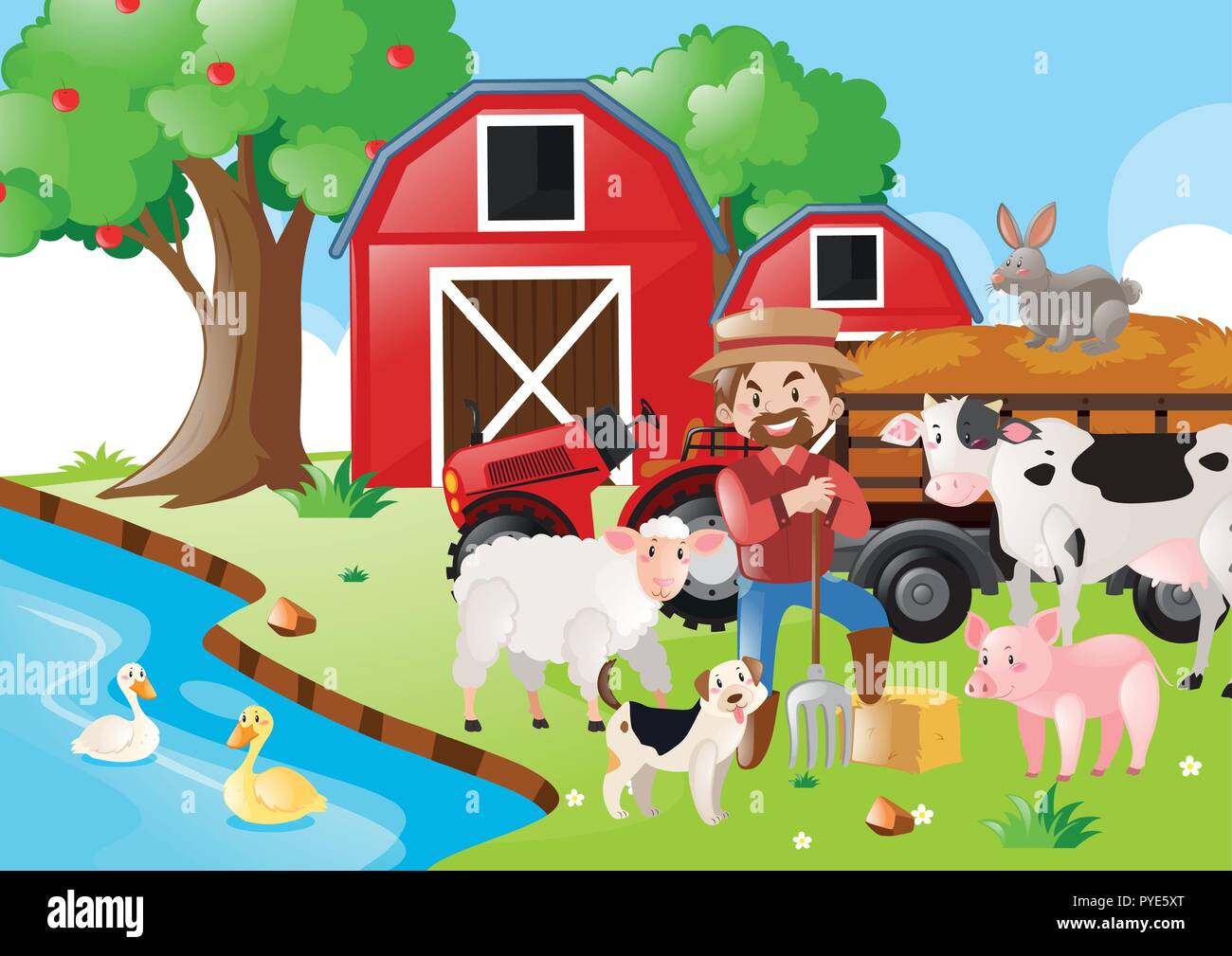 Farm scene with farmer and animals by the river illustration Stock ...
