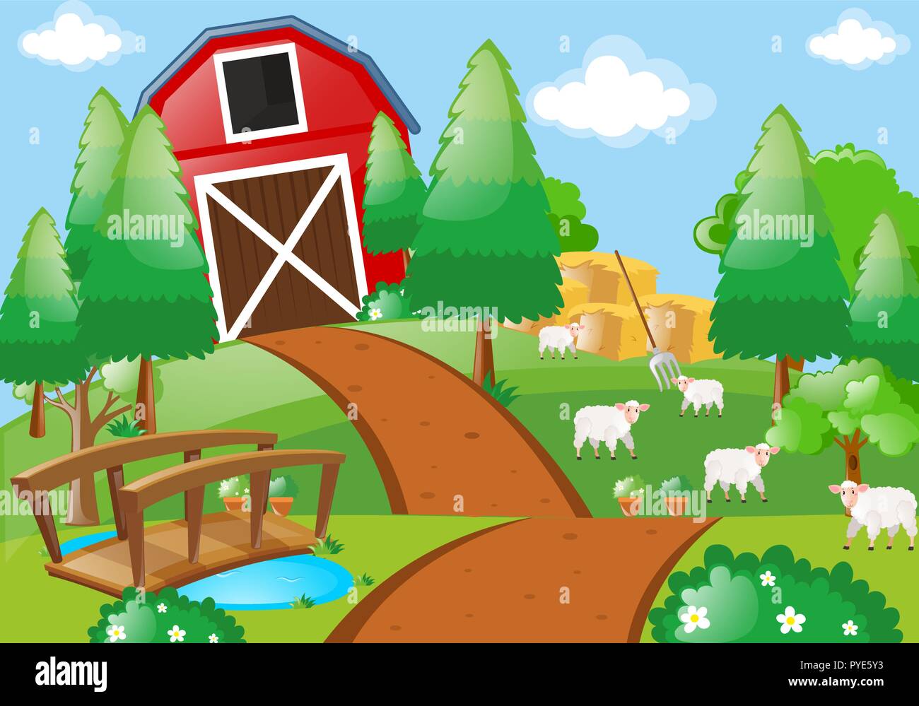 Farm scene with sheeps in the field illustration Stock Vector Image ...