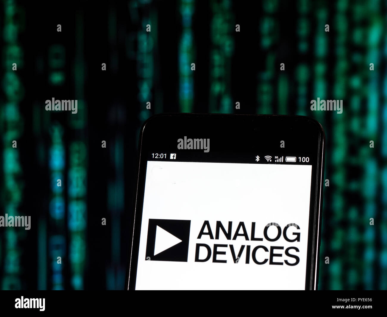 Analog Devices, Inc logo seen displayed on smart phone. Analog Devices, Inc., also known as ADI or Analog, is an American multinational semiconductor company specializing in data conversion and signal processing technology Stock Photo