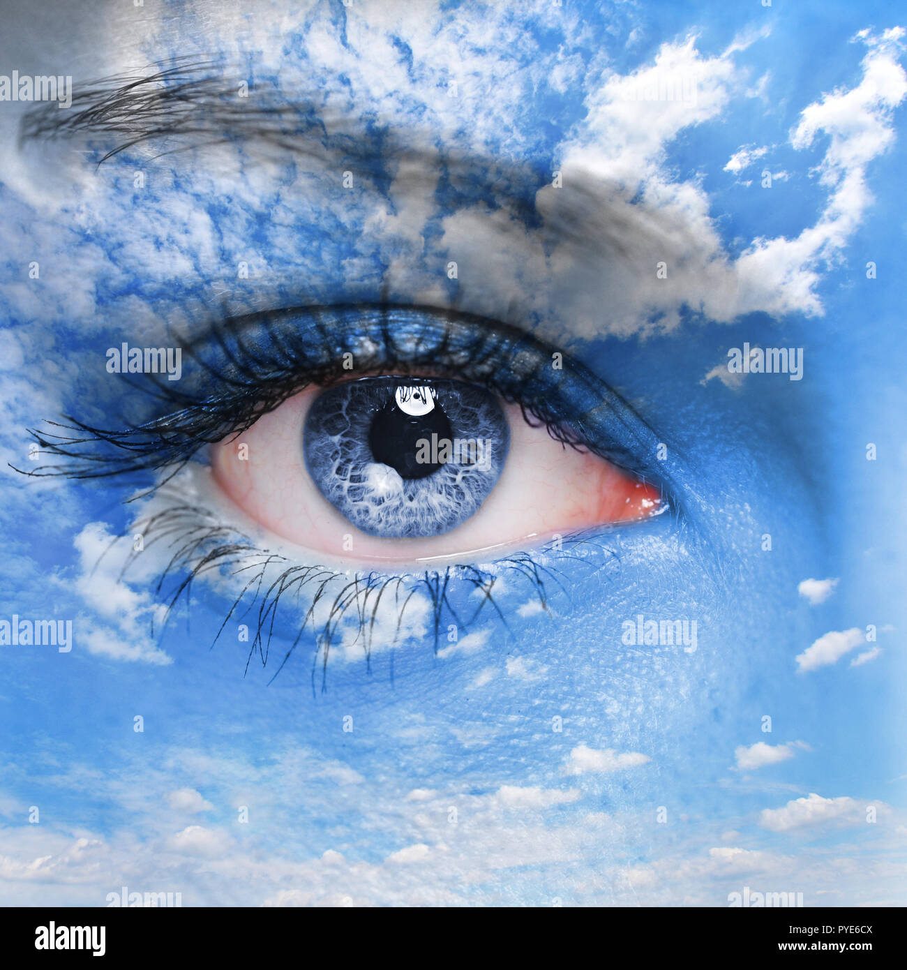 Blue human eye and cloudy sky on face Stock Photo Alamy