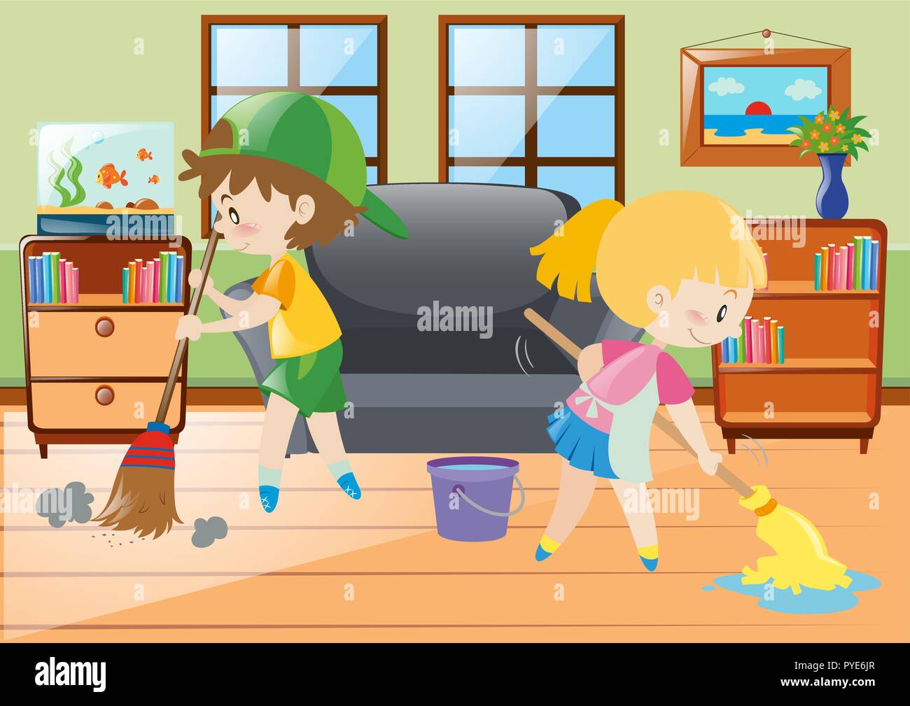 Two kids mopping and sweeping floor illustration Stock Vector