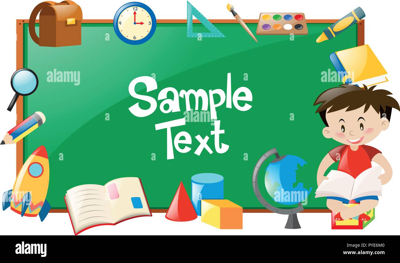 Border design with boy reading and school objects illustration Stock ...