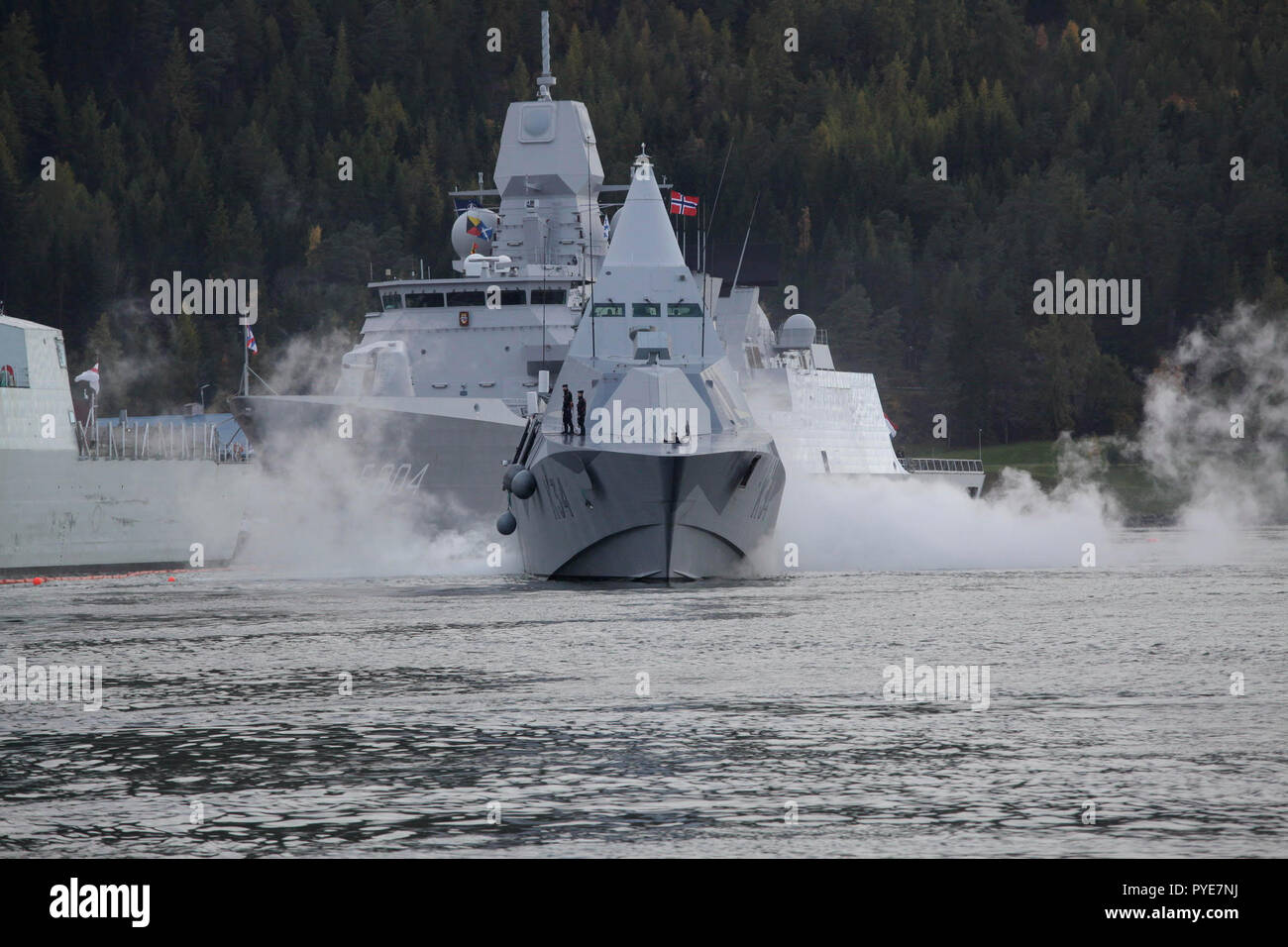 Swedish corvette HSwMS Nyköping gets underway from Trondheim, Norway
