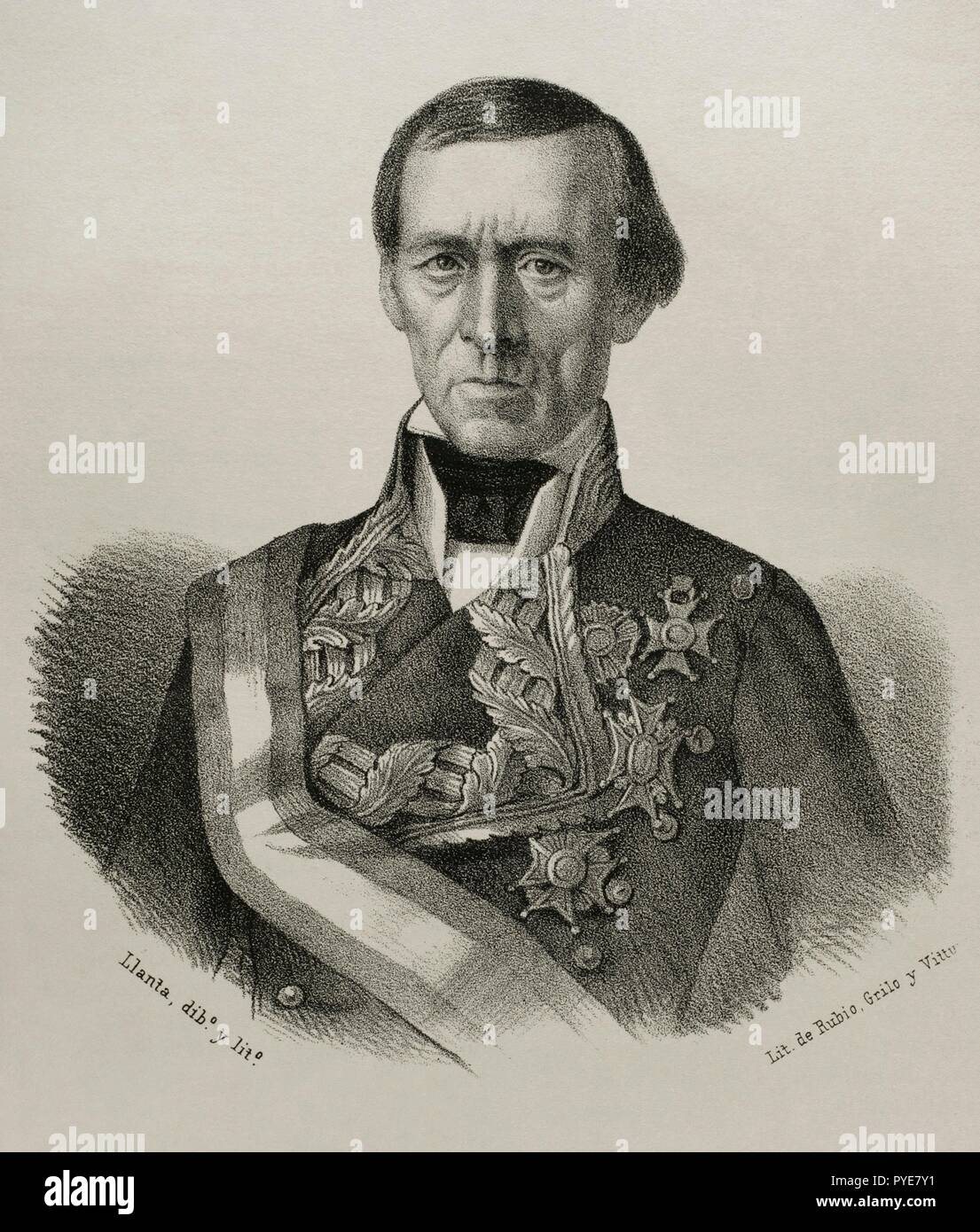 José Manso y Solá (Borredà, 1785-Madrid, 1863). Militar español del ejército de Fernando VII e Isabel II. Dibujo por Llanta. Litografía. Crónica General de España, Historia Ilustrada y Descriptiva de sus Provincias. Cataluña, 1866. Biblioteca Histórico Militar de Barcelona. Cataluña, España. Stock Photo