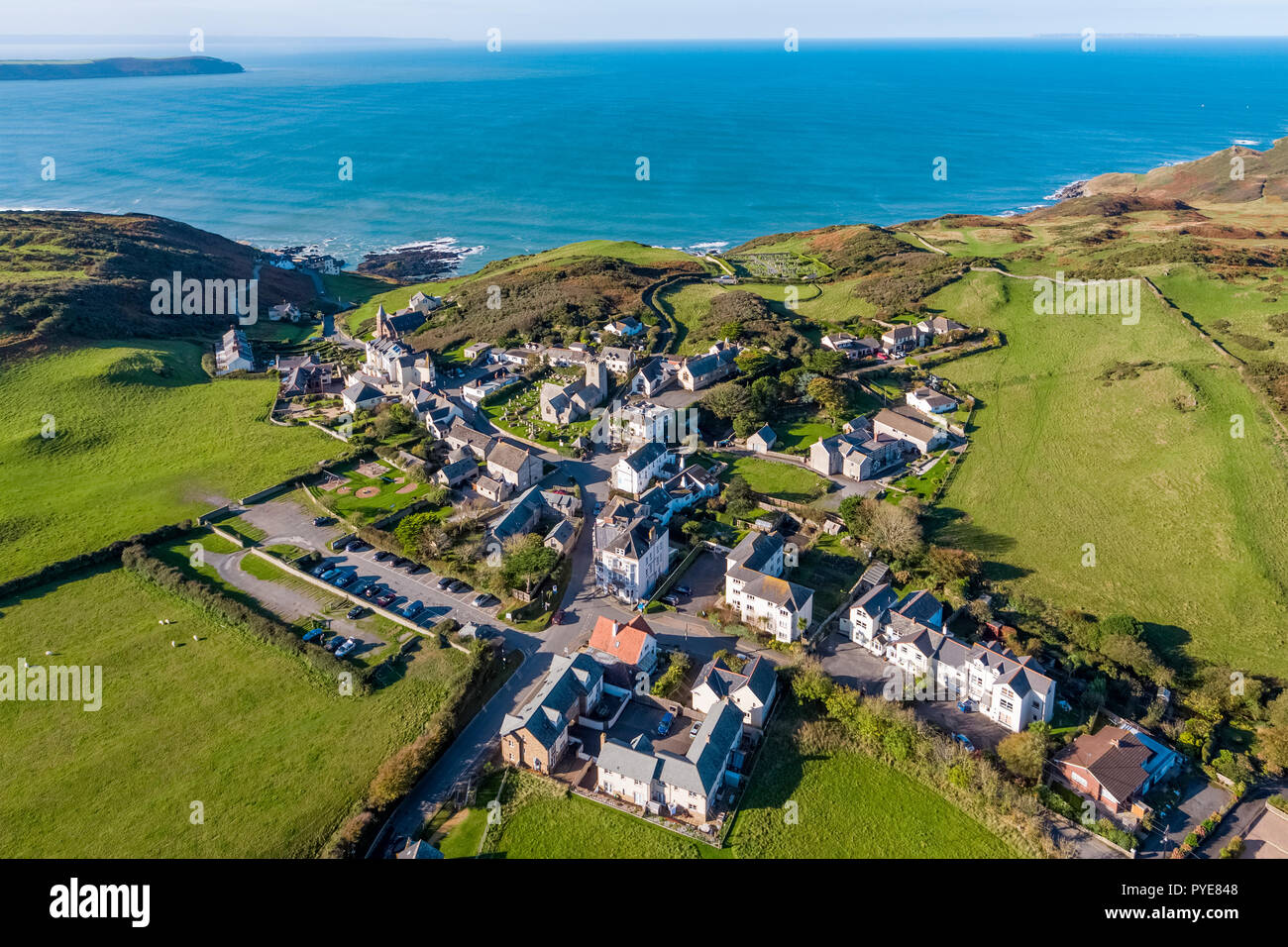 Aerial view over the village of Mortehoe, North Devon, England Stock Photo
