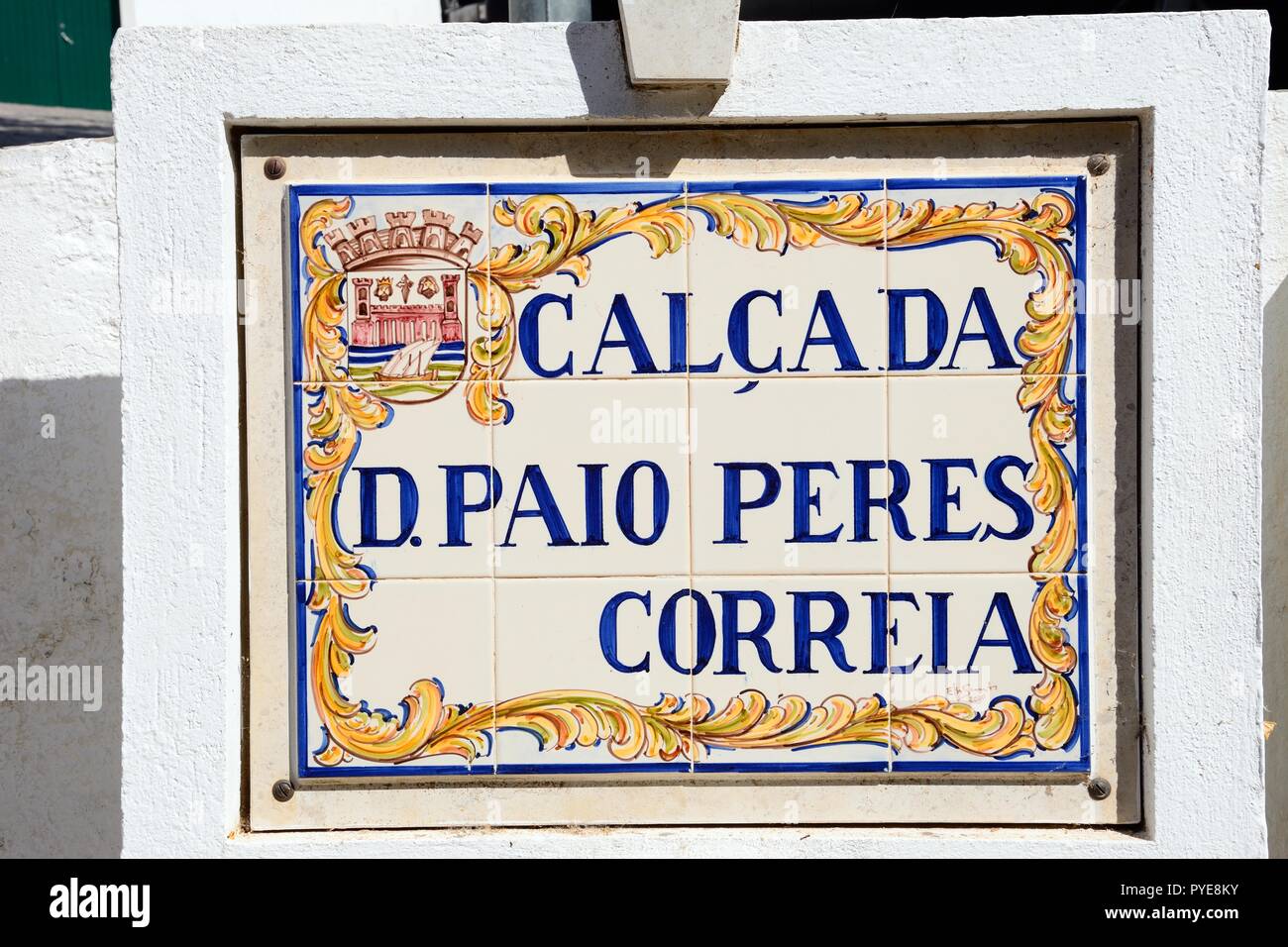 Pretty traditional Portuguese ceramic street sign, Tavira, Algarve, Portugal, Europe. Stock Photo
