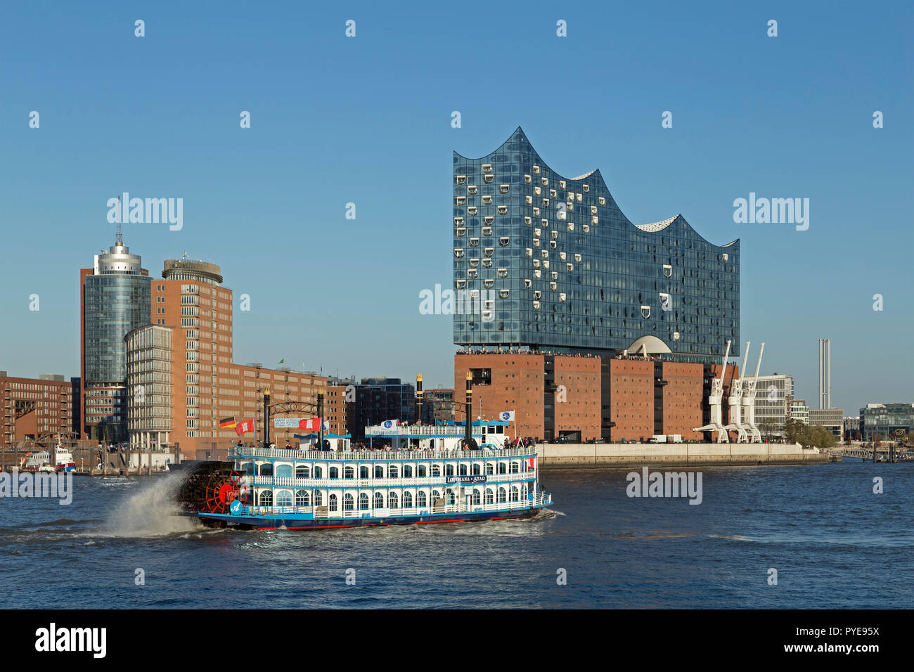 paddle steamer Louisiana Star in front of Elbe Philharmonic Hall, Harbour City, Hamburg, Germany Stock Photo