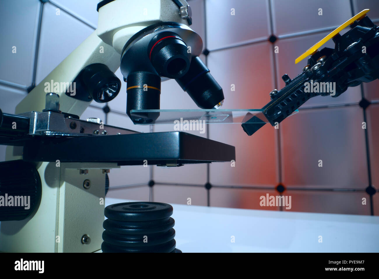 Microscope slide in robot arm and science microscope Stock Photo Alamy